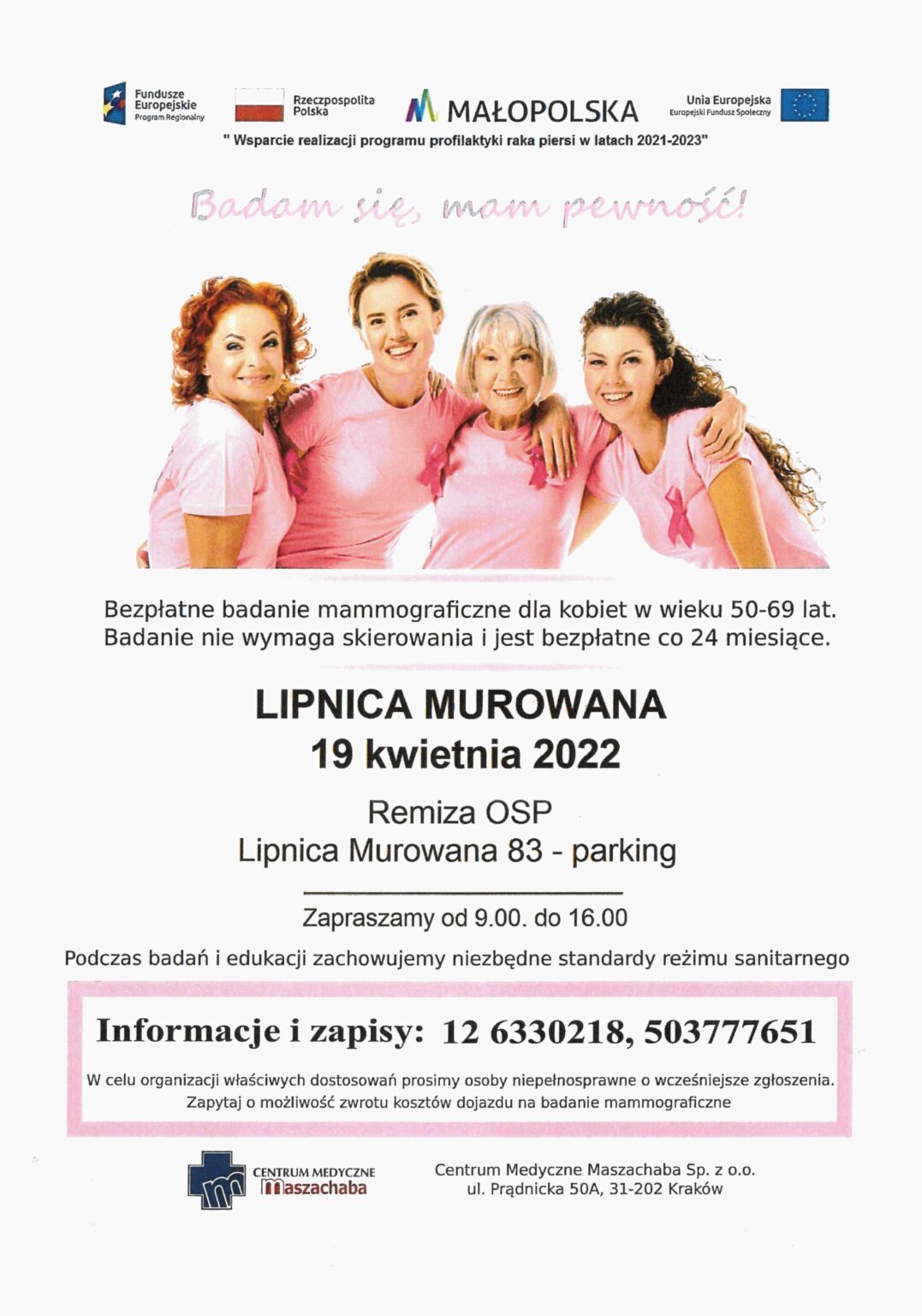 Plakat informacyjny o bezpłatnych badaniach mamograficznych
